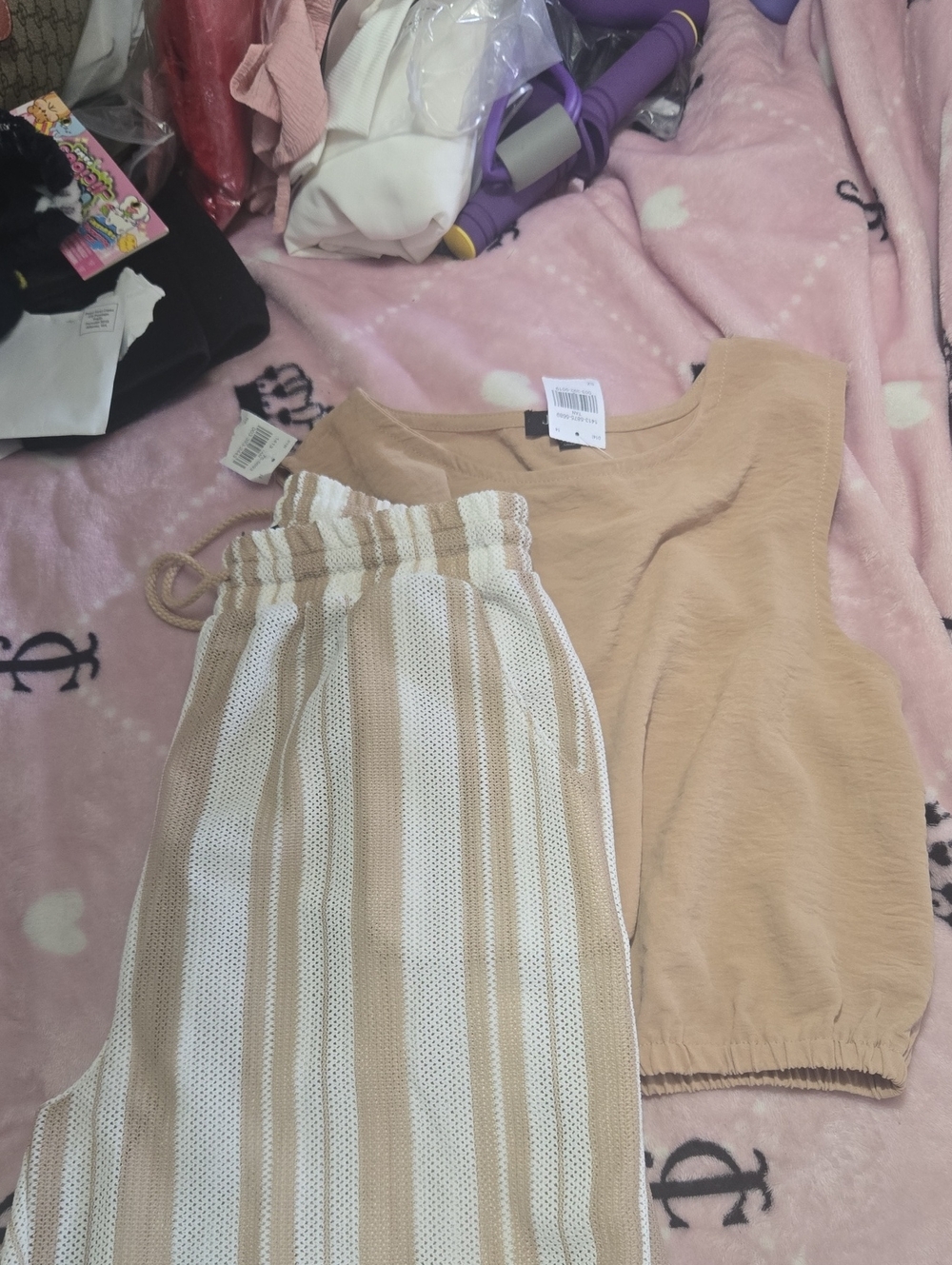 Beige Knit Tank Top and Striped Drawstring Pants Set - Beige